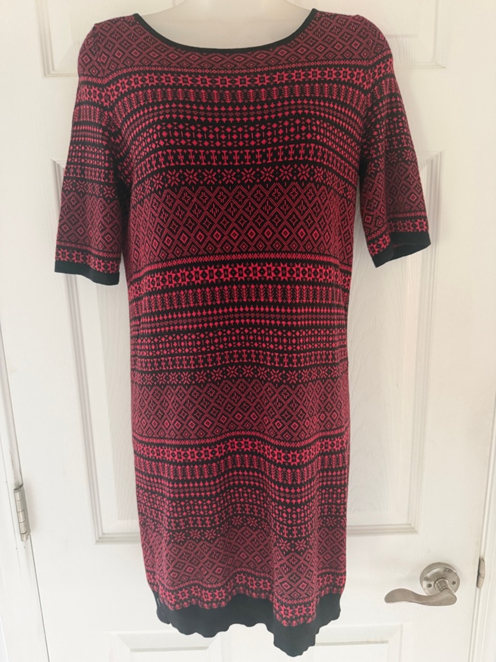 Les Petites 100% Cotton Knit Fair Isle Mini Shift Dress Red/Black Parisian S